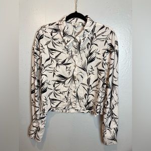 Rachel Zoe Boxy Top Size L White Black Floral Linen Blend Cropped Button Front